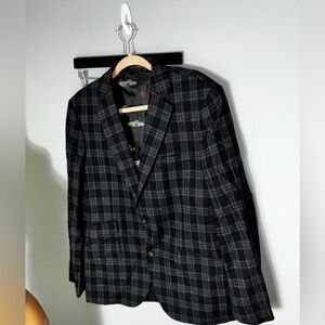 Flynt Wool Mens 40R Sport Coat Blazer Jacket Gray Plaid Windowpane Double Vented